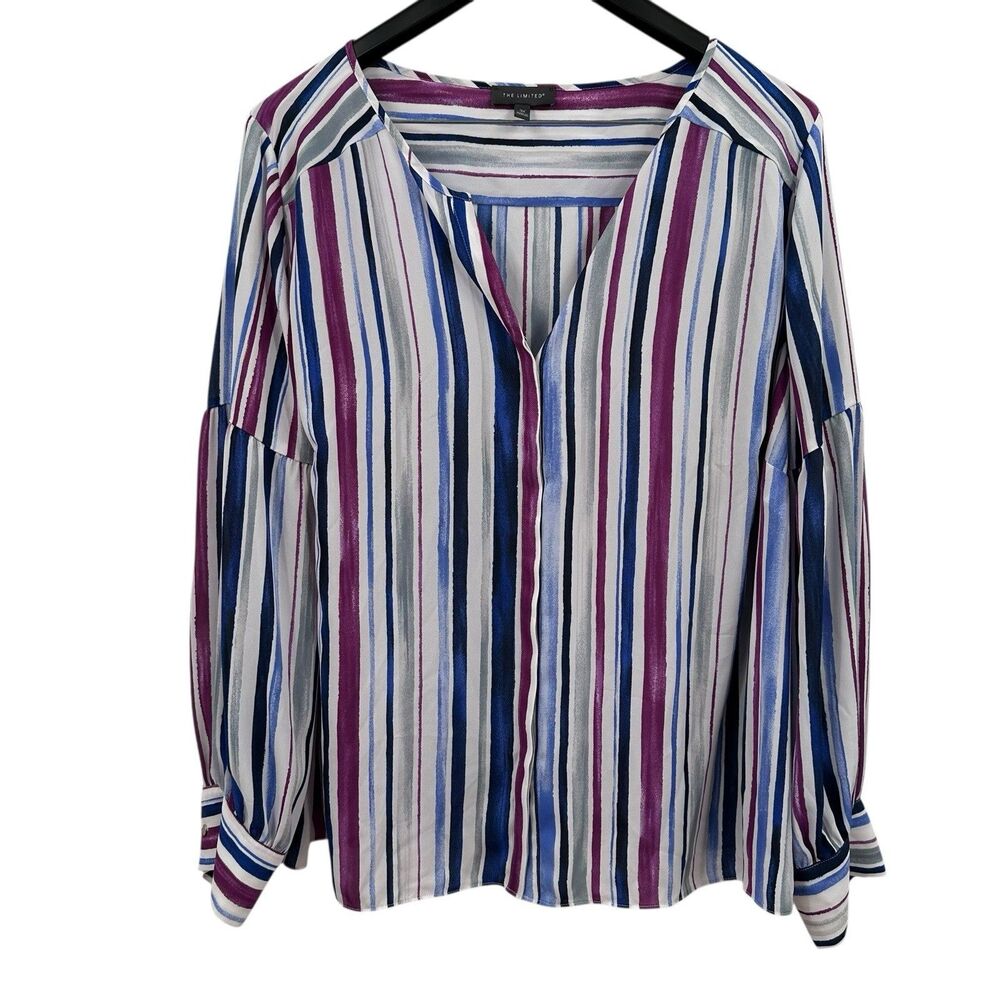 The Limited Plus Size 3X Blouse Striped Long Balloon Sleeve V-Neck White Multi